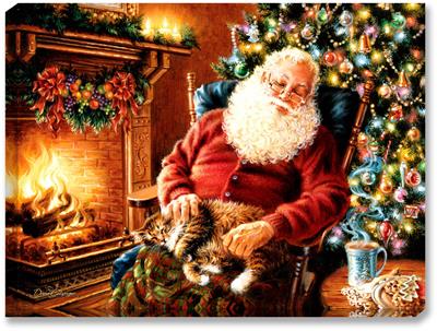 Glow Décor Long Winter's Nap Santa Wall Art by Dona Gelsinger #D0101 Santa is caught napping, fast asleep in his rocking chair. A tabby cat sits on his lap, while Santa rests besides his crackling stone fireplace and brightly decorated Christmas tree. A warm cup of cocoa sits on the table with some cookies.