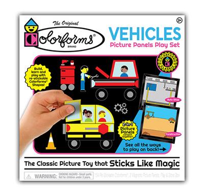 Colorforms Vehicle Picture Panels Play Set Construct colorful scenes and puzzles, mix and match over 150 Colorforms® pieces to build your own unique vehicles, then re-stick the shapes to create imaginative stories over and over again!