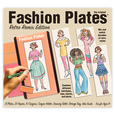 Playmonster Fashion Plates Retro Remix Edition - Create, Design, and Color Mix and match your favorite retro fashions from the 40s, 50s, 60s, 70s, 80s and 90s in this classic rubbing plate design set that spans the decades! Combine different hairstyles, tops, slacks and skirts for your retro fashion portfolio!