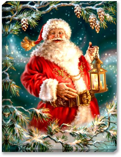 Glow Décor Enchanted Santa Illuminated Wall Art #D1003 by Dona Gelsinger A cheerful and jolly Old Saint Nicholas is all dressed in red, with a big smile, holding a golden candle lite lantern, with snow, stars, and pine cones in the background.