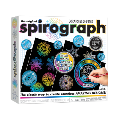 PlayMonster Spirograph Scratch & Shimmer Craft Activity Kit #1035Z Create amazing Spirograph art with this scratch design set! Use the stylus tool with glitter wheel and gears to scratch designs on the special sparkle or rainbow scratch paper. You can also use your own pens to draw Spirograph designs on regular paper!