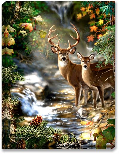 Glow Décor Deer Creek Illuminated Wall Art #D1108 A fall 4 point buck stands along side his doe, in front of a mountain creek, with fall foliage and leaves.