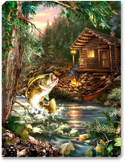 Glow Décor Gone Fishin Illuminated Wall Art by Dona Gelsigner #D1109 A large spotted bass leaps out of the mountainside creek to catch a dragonfly. A tiny log cabin sits in the background, complete with red canoe, stone fireplace, lantern, and campfire. The mountains behind the cabin are filled with lush evergreen trees.