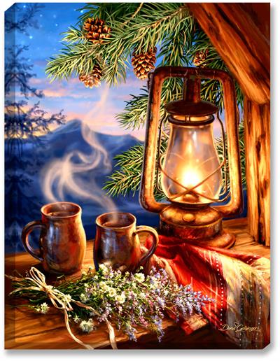 Glow Décor Morning Coffee Illuminated Wall Art by Dona Gelsigner #D1304 Two mugs of morning coffee sit, overlooking the Mountain sunrise (with stars still in the sky), complete with a lantern, woven blanket, log cabin window sill, pine cones and evergreen boughs, and freshly picked wildflowers.