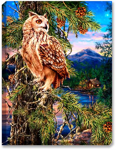 Glow Décor Wisdom of the Woods Illuminated Wall Art #D1428 by Dona Gelsinge Owl sits perched in pine tree overlooking mountain, lake, and cabin the woods art print