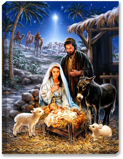 Glow Décor A Savior Is Born Illuminated Wall Art #1519 Mary, Joseph, Jesus in manger christian artwork