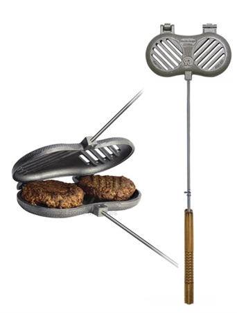 Rome Industries #1525 Cast Iron Double Burger Griller for campfire cooking Rome Industries 1525 Cast Iron Double Burger Griller will grill two burgers at the same time. Forget about using that rusty old grill at the campfire, hold this cast iron grill over the fire or place it on the grill to ensure safe and sanitary cooking.