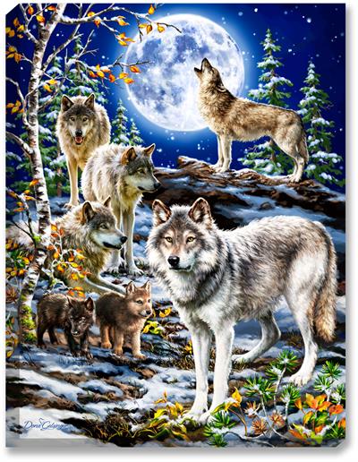 Glow Décor The Spirit of the Pack Wolf Wall Art by Dona Gelsinger Grey wolf pack with wolf pups and full moon in winter