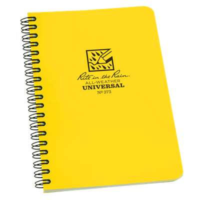 Rite In The Rain Waterproof Paper 4" x 7" Notepad, Side Spiral Bound #373 This waterproof book comes with 4 5/8" x 7" size pages, a Polydura cover and side spiral wire-o binding. 64 pages (32 sheets).
