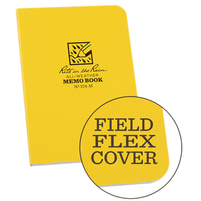 Rite In The Rain Water Proof Paper 3 1/2" x 5" Memo Book #374-M The handy Pocket-Sized Field-Flex Books are great for stowing in tight spots but still large enough to take all your vitals; whether it be an landmark, coordinates, animal sighting, or a phone number, you can trust these little notebooks with the informat