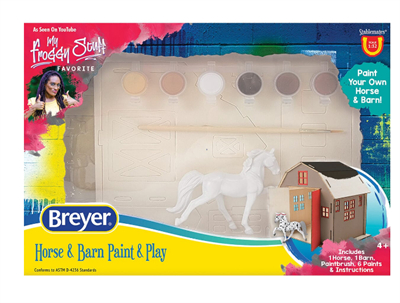 Breyer Horses Stablemates Paint & Play Barn and Horse Craft Activity Set #4 Build, paint, and play! This fun, new playset features an easy-to-build, 11-piece wood barn that requires no tools or glue! Just slide the tabs into the slots and you've got yourself a barn.