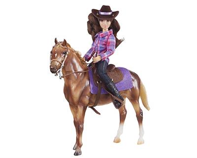 Sorrel or Chestnut Quarter Horse type model horse with cowgirl rider doll with western style tack