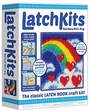 PlayMonster The Classic Latch Hook Craft Kit - Rainbow #1600 The classic craft kit is back! Latch Kits are a fun, easy-to-learn activity—just loop, hook, and pull! The color coded canvas makes starting a snap while ensuring you'll never lose your place no matter how long you put down your project.