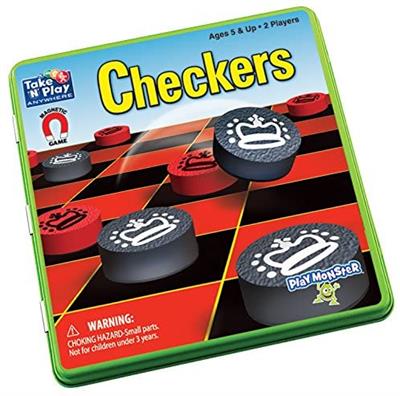 PlayMonster Take N Play Checkers Magnetic Travel Game # 671 Fun for every day, travel times, or errands The 6.75" tin is easy to take anywhere you go! Keep kids occupied in the car during short or long trips, plane rides, train rides and more! Or, take them along on trips to the doctor or dentist.