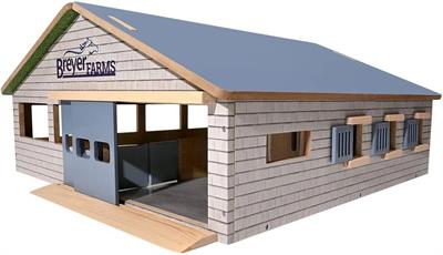 We have an exciting new wood playset in our Breyer Farms™ line - the Deluxe Arena Stable! It features removable two-sided roof panels, working doors and windows, three stalls with food trays, and a horse wash area. The inside of the roof panels are decora