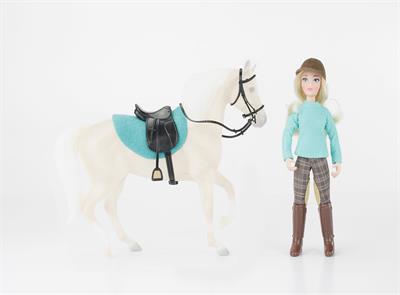 Breyer Horses Classics Size Heather, Casual English Rider Doll #62022 Set includes: 6" Articulated English Rider Doll, Black Faux Leather English Saddle, Black Faux Leather English Bridle with Reins, and turquoise English Saddle Pad.