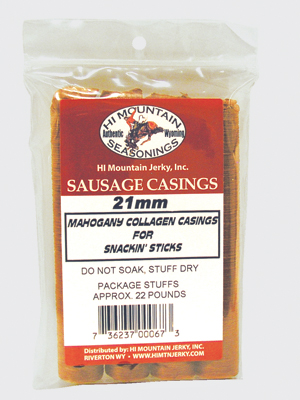 Mahogany Collagen Casings are ideal for Snackin’ Sticks. Package will make up to 22 lbs. of meat.