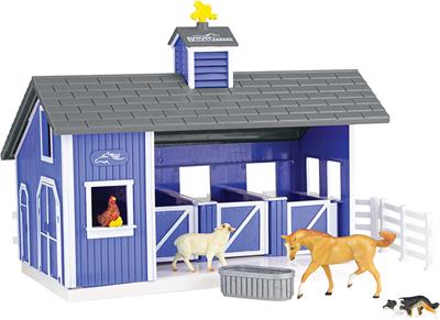 Breyer Horses Breyer Farms Home at The Barn Playset 10 Piece Playset Breyer Farms™ has an exciting new playset - Home at the Barn! This beautiful blue, 3-stall barn comes complete with fencing, a dog, a sheep, a hen with chicks, a Stablemates horse, and water trough.