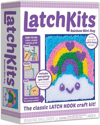 PlayMonster Latchkits Rainbow Mini Rug Craft Activity #1801 The classic latch hook craft kit is back! LatchKits are a fun and easy-to-learn craft—just loop, hook, and pull! Everything you need is included!
