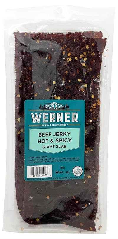 Werner Jerky 10 Count Hot & Spicy Giant Slab Ready for Every Adventure Premium ingredients. Standout flavor. Snacks that are ready for everything from hitting the trails to hitting the couch.