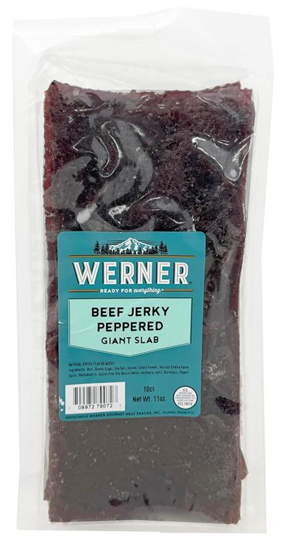 Werner Beef Jerky Slab 10 Count Giant Jerky Slab Peppered Ready for Every Adventure Premium ingredients. Standout flavor. Snacks that are ready for everything from hitting the trails to hitting the couch.