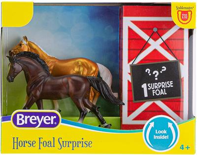 Breyer Horses Stablemates Mystery Horse Foal Surprise #6222 This set features a Palomino Thoroughbred and a Bay Warmblood, and their foal remains hidden in its stall until you open the package!