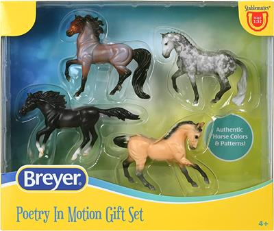 Breyer Horses Stablemates Poetry in Motion 4 Horse Set #6935 There’s nothing more captivating than watching an athletic horse do what they love – whether that be dressage, jumping, or working cattle! With their agile movements and stunning coats, this is a beautiful bunch to behold.