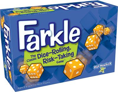 PlayMonster Classic Farkle Dice Game of Risk and Chance # 6910 Become a Farkle fanatic with this Classic Dice-Rolling, Risk-Taking Game™ that comes with its own Dice Cup. Take a risk and keep rolling to build your score. Or play it safe so you don’t lose your points in a Farkle.