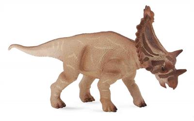 The Utahceratops lived about 76 million years ago, and grew up to 23 feet in length. Depicted with its massive head lowered, this beautifully sculpted, collectible figure measures 5.5''L x 2.8''H.