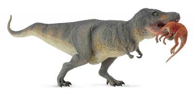 CollectA's replica of the fearsome Tyrannosaurus Rex is depicted carrying a Struthiomimus between its massive jaws. The figure is detailed and lifelike, down to the dinosaur's bumpy reptilian hide. The much smaller Struthiomimus dangles helplessly from th