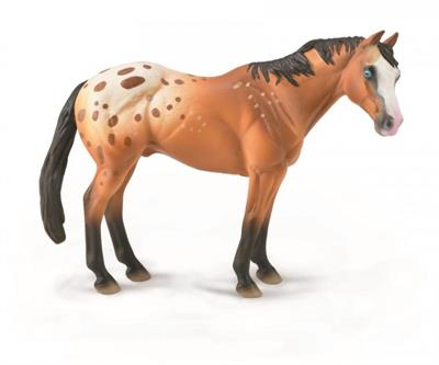 Standing horse toy figurine, light brown Appaloosa horse stallion with with snowflake blanket coat pattern, blue eye, and black mane and tail.