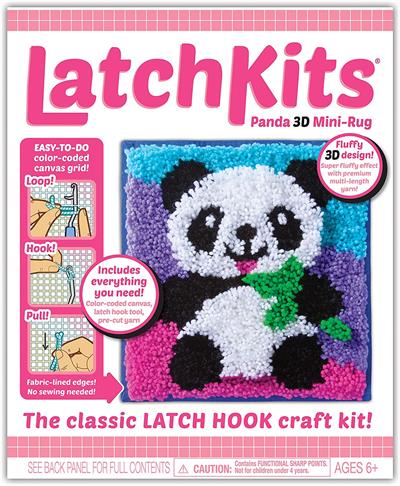PlayMonster The Classic Latch Hook Craft Activity Kit - Panda #1606 The classic craft kit is back! Latch Kits are a fun, easy-to-learn activity—just loop, hook, and pull! The color coded canvas makes starting a snap while ensuring you'll never lose your place no matter how long you put down your project.