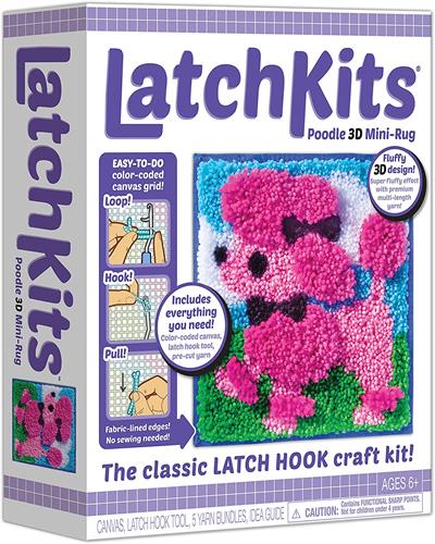 PlayMonster The Classic Latch Hook Craft Activity Kit 3D - Poodle #1604 The classic craft kit is back! Latch Kits are a fun, easy-to-learn activity—just loop, hook, and pull! The color coded canvas makes starting a snap while ensuring you'll never lose your place no matter how long you put down your project.