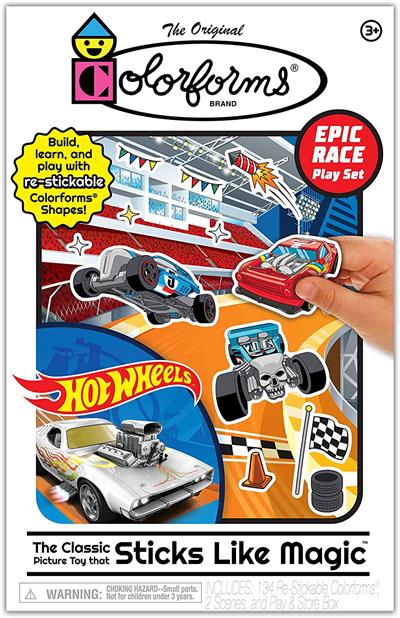PlayMonster Colorform Hot Wheels - Re-Stickable #2455Z Colorforms have inspired creative expression and fun for over 60 years! The classic, re-stickable shapes provide endless opportunities for imaginative storytelling, and the countless combinations enhance learning through open-ended play.