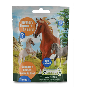 Breyer Horses CollectA Horse Blind Bag #A1180 There are 12 different models. Each comes in a blind bag with one double-sided card with educational facts and a scenery photo.