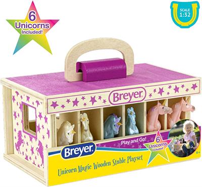Breyer Horses Stablemates Size Unicorn Magic Wooden Stable Playset #59218 w Breyer Farms Unicorn Magic Wooden Stable with carry handle - The Unicorn Magic Wooden Stable Playset comes complete with 6 Stablemates unicorns. Designed to be easy for small hands to carry, the wooden stable with carry handle makes the perfect take-along