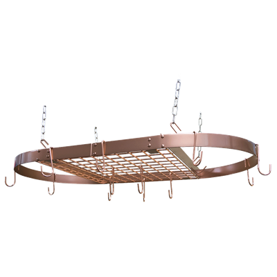 Organize your cookware and save cabinet space with the Copper Motif Oval Hanging Pot Rack by Range Kleen. The ceiling mounted Oval Hanging Pot Rack Bar features a stylish Copper painted finish, and is perfect for utilizing unconventional spaces for organi