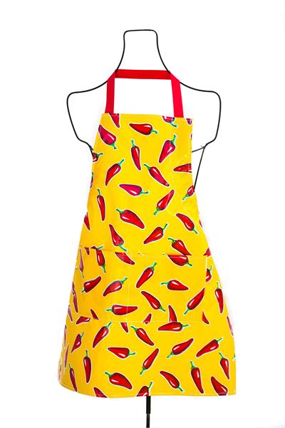 Adult sized bib apron made of oilcloth for quick and easy cleanup around the kitchen. Features adjustable webbing strap that can easily fits to height. It is suitable for both men and women to wear. A double front pocket has practical uses. Use your styli
