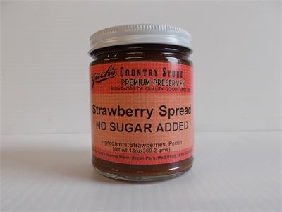 Sweet, sun-ripened strawberries with no added sugar. Great with biscuits or scones. Sweeten to taste with honey, natural sugar, or sugar substitute. Our special all-natural fruit pectin sets without the use of refined white sugar. 13 oz. jar  Ingredients: