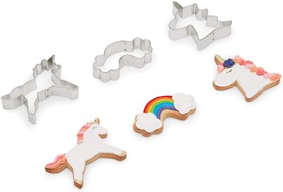 Fox Run Unicorn and Rainbow Boxed Cookie Cutter Set, 3 pieces #3697 SS Fun-to-decorate Unicorn and Rainbow-themed designs featuring Unicorn head, Unicorn and rainbow with clouds for magical, mythical, fantasy-filled treats! Perfect cookie cutter shapes to add that magical touch to kids birthday parties, graduation parties an