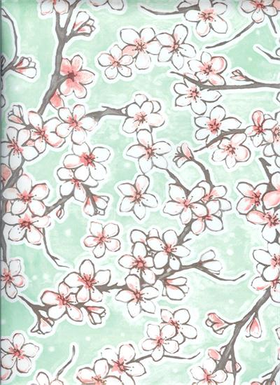 Oil Cloth Fuji on Seafoam Green Yardage Fabric Floral Print Cherry Blossom