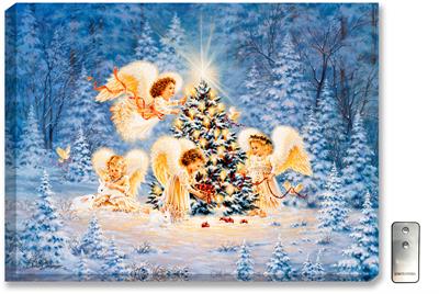 Glow Décor Silent Night, Gentle Light Wall Art by Dona Gelsinger #D0002 Four angel children, dressed in white, decorate a Christmas tree. Peace doves fly overhead a snowy, winter scene.