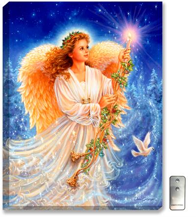 Glow Décor Stardust Angel Illuminated Wall Art #D0701 by Dona Gelsinger A beautiful young angel holds a golden candlestick. A peace dove softly flies by. Brilliant sapphire blue background with stars and snow dusted evergreen trees.