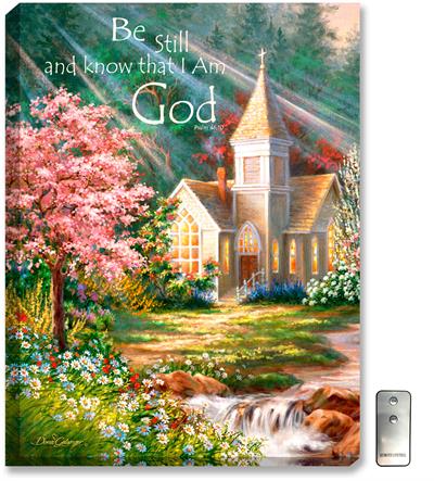 Glow Decor Be Still Illuminated Wall Art #D0809 Christian, inspirational artwork with church, sunlight, creek, flowers