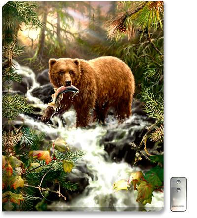 Glow Décor Grizzly Gorge Illuminated Wall Art #D1112 by Dona Gelsinger A large Grizzly bear catches a rainbow trout while standing in a mountainside creek. Evergreen trees are basked in the sunlight.