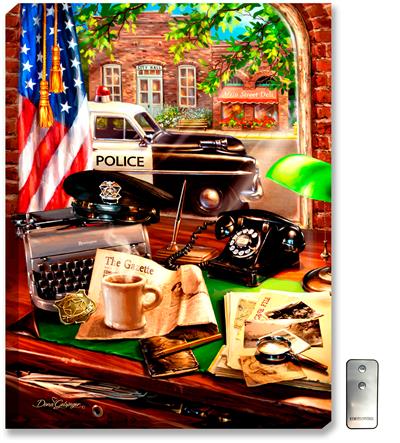 Glow Décor Hometown Hero Law Enforcement Wall Art #D1435 by Dona Gelsinger A 1950s black and white police car is parked on main street, in front of City Hall and Main Street Deli. Inside the police station sits a black hat, classic typewriter, rotary telephone, and case files.
