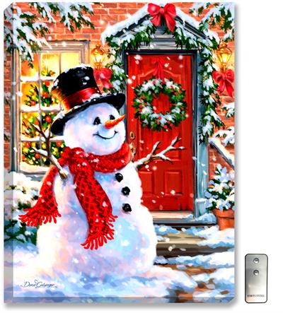 A welcoming Snowman, dressed in a gentleman's black top hat, and knit red scarf is complete with carrot nose and eyes made out of coal. The Snowman brings holiday cheer to visitors of the brick house with large red front door.