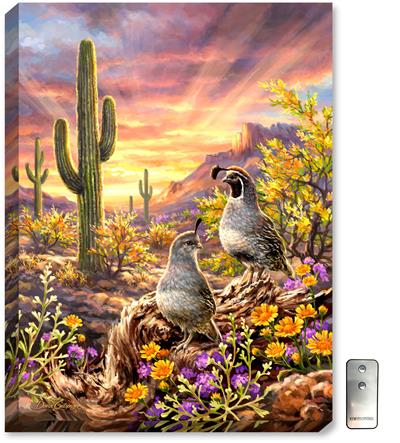 Glow Décor Quail Vista Illuminated Wall Art by Dona Gelsinger #D1623 A warm and appealing painting of desert quail, with sunset colors, desert wildflowers, cactus, and large rock formations.