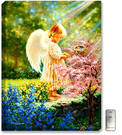 Glow Décor An Angel's Tenderness Illuminated Wall Art #G9712 A young femal angel stands in the sunlight while standing in the forest with flowers