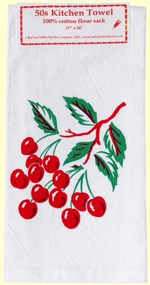 Red and White Kitchen Juicy Cherries Flour Sack Towel #VL15 Bursting with color, our vintage-inspired cherries design is printed on cotton flour sack. 17" x 24"; j hook.
